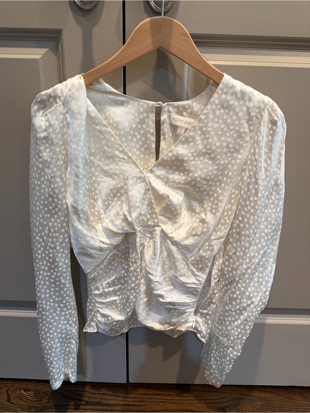 Ronny Kobo Collection White Satin Dot Twist-Front Blouse